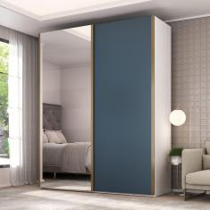 Imagem de Guarda Roupa Solteiro com Espelho 2 Portas 3 Gavetas Veneto Branco/Azul