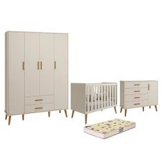 Imagem de Dormitório Infantil Isis Guarda Roupa 4 Portas, Cômoda 1 Porta e Berço com Colchão D18 - Reller Móveis Areia