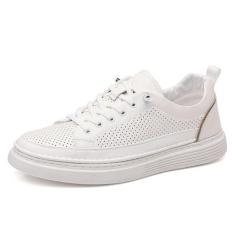 Imagem de Tênis masculino branco de couro legítimo, versátil, casual, respirável, vazado, cano baixo, Branco, 41