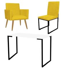 Imagem de Kit Escritório Stan Poltrona com Cadeira e Mesa Industrial Tampo Branco Preto Suede Amarelo - Ahz Móveis