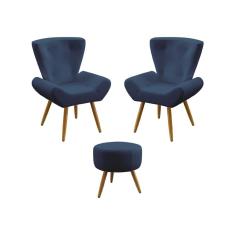 Imagem de Kit 2 Poltronas Decorativas Estofada Polaris e Puff Solar Sued  Marinho Aradecor