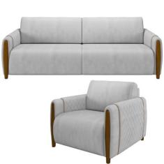 Imagem de Kit Sofá 03 Lugares Sala Estar 223cm Com Poltrona Flora Pés De Madeira M03 Veludo Cinza - Lyam Decor