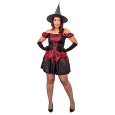 Imagem de Fantasia Halloween Adulto Bruxinha Com Chapeu Vestido de Bruxa Malvada