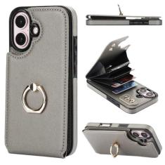 Imagem de Folosu Compatível com capa carteira para iPhone 16 com suporte para cartão, suporte de anel de dedo de rotação de 360°, suporte, proteção de couro com bloqueio de RFID, botões duplos, à prova de