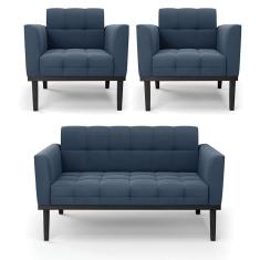 Imagem de Sofá Namoradeira E 2 Poltronas Base De Madeira Preto Elisa Suede D03 - D'rossi Cor Azul Marinho