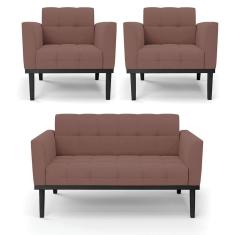 Imagem de Sofá Namoradeira E 2 Poltronas Base De Madeira Preto Elisa Veludo Rosê D03 - D'rossi