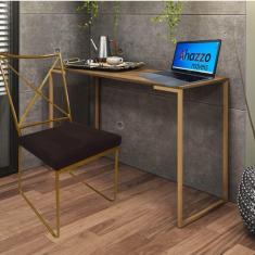 Imagem de Kit Escritório Clark Cadeira e Mesa Industrial Ferro Dourado Tampo MDF Imbuia Suede Marrom - Ahz Móveis