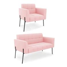 Imagem de Sofá Namoradeira e Poltrona Pé de Ferro Preto para Sala Elisa Suede Rosa Bebê D03 - D'Rossi