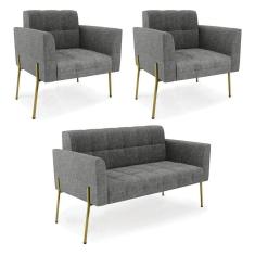 Imagem de Sofá Namoradeira E 2 Poltronas Pé De Ferro Dourado Elisa Linho Grafite A26 D03 - D'rossi