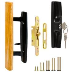 Imagem de TPard Conjunto de maçanetas de vidro deslizante para porta de pátio com cilindro de chave e trava de encaixe de 45°, puxadores internos de madeira de carvalho e puxador externo de zinco fundido,
