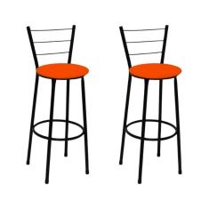Imagem de Kit 2 Banquetas Médias Preta com Encosto Assento Laranja