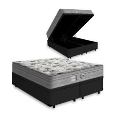 Imagem de Cama Box Baú Casal Bipartido - Tecido Sintético Preto Colchão De Molas