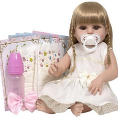 Imagem de Boneca Reborn Loira Sofia 46cm Vestido Bege Lindo + Itens - Cegonha Re