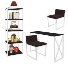 Imagem de Kit Escritório Bex 2 Cadeiras Suede Marrom com 1 Mesa e 1 Livreiro Ferro Branco MDF Preto - Ahazzo Móveis