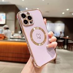 Imagem de Luxo magnético amor coração caso de telefone para iphone 15 14 13 12 11 pro max plus casos de carregamento sem fio capa, roxo, para iphone 15plus