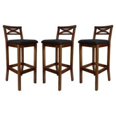 Imagem de Kit 3 Banquetas Alta X Estofada 38x103Cm Ilha Encosto Madri Madeira Ma