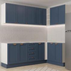 Imagem de Cozinha Modulada 6 Peças sem Tampo 3 Armários Aéreos e Nichos, 3 Balcões Cabecasa Madeiramadeira Azul/branco
