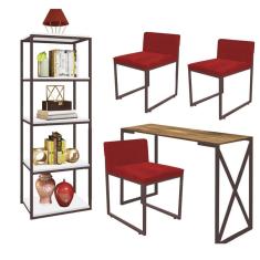 Imagem de Kit Escritório Bex 3 Cadeiras Suede Vermelho com 1 Mesa e 1 Livreiro Ferro Marrom MDF Carvalho - Ahazzo Móveis