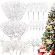Imagem de Serwalin 32 peças de enchimento de palhetas de árvore de Natal, glitter artificial, baga e flores, galhos e sprays para decoração de árvores de Natal, faça você mesmo, guirlanda de Natal, artesanato,