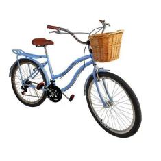 Imagem de Bicicleta Aro 26 Retrô 18 Marchas Cesta Vime Bagageiro Azul - Maria Cl