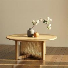 Imagem de Mesa de centro pequena de vime, mesa de centro de madeira maciça boho, mesa de canto redonda moderna, mesa de cabeceira estreita, para sala de estar, apartamento, escritório