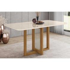 Imagem de Mesa Para Cozinha Natalí Sc71 + Tampo Madeirado Vidro Curvo 160x90cm Nature-off White - Henn