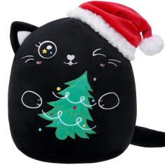 Imagem de Gato de Natal SEAOPOP de 20 cm de pelúcia com chapéu e árvore de Papai Noel