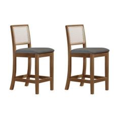 Imagem de Kit 2 Banquetas Altas em Tela Sextavadas Assento Estofado Linho Cinza 