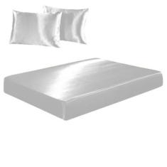 Imagem de Jogo De Lençol Casal King Cetim Seda Branco Brilho 3 Peças - Confecçõe