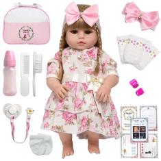 Imagem de Boneca Reborn Loira Com Vestido Florido Diversos Acessórios