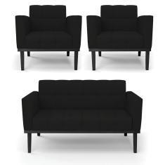 Imagem de Sofá Namoradeira E 2 Poltronas Base De Madeira Preto Elisa Linho D03 - D'rossi Cor A79 Preto