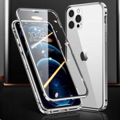 Imagem de Capa de telefone magnética de metal com proteção total 360 ° para iPhone 15 14 13 12 11 Pro Max X XS XR 8 7 Plus Capa de vidro dupla face, prateada, para IPhone12