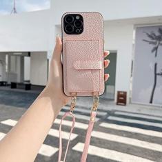 Imagem de Capa tipo carteira com bolso transversal para cartão para iPhone 11 12 13 14 Pro Max X XR XS Max 7 8 Plus Capa traseira com alça de couro, rosa, para iPhone13