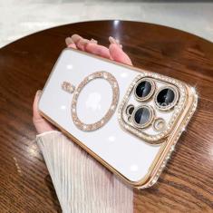 Imagem de Luxo diamante macio tpu claro brilho caso para iphone 15 11 12 13 14 pro max mais capa de carregamento magnético sem fio, ouro, para iphone 12 pro
