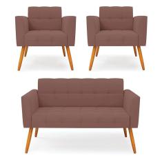 Imagem de Kit 1 Sofá Namoradeira e 2 Poltronas Elisa Veludo Rosê Pés Palito Castanho - D`Rossi