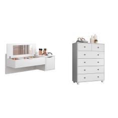 Imagem de Conjunto Quarto Solteiro Cômoda 6 Gavetas e Penteadeira Camarim com Espelho Espresso Móveis Branco Fosco Liso/Branco Fosco