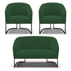 Imagem de Sofá Namoradeira E 2 Poltronas Base Industrial Preto Stella Veludo D03 - D`rossi Cor Verde