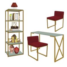 Imagem de Kit Escritório Bex 2 Cadeiras Suede Vermelho com 1 Mesa e 1 Livreiro Ferro Dourado MDF Verde Oliva - Ahazzo Móveis