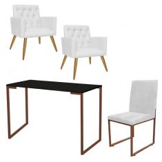 Imagem de Kit Escritório Stan 2 Poltronas Capitonê com Cadeira e Mesa Industrial Preto Bronze Tecido Sintético Branco - Ahz Móveis