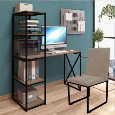 Imagem de Kit Escritório Mesa Max BeX 5 Prateleiras e Cadeira Stan Preto Tampo Imbuia Suede Bege - Ahz Móveis