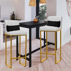 Imagem de Kit 02 Banqueta Alta com Encosto Lucca Industrial Cozinha Balcão Ferro Dourado Corino Branco e Almofada Preto - Ahazzo Móveis