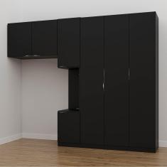 Imagem de Guarda Roupa Modulado de Solteiro com Mesa de Cabeceira Direita 7 Portas 3 Peças Hera Cabecasa Madei Preto/Cromado