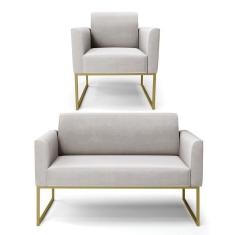 Imagem de Sofá Namoradeira Com Poltrona Base Industrial Dourado Marisa Veludo D03 - D\`rossi Cor Cinza