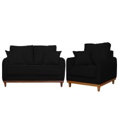 Imagem de Kit Poltrona E Sofa Sena 2 Lugar Base De Madeira Para Sala Hotel Linho Preto