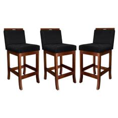 Imagem de Kit 3 Banquetas Média para Cozinha Turim Madeira Castanho Suede Preto CCS