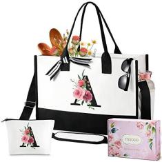 Imagem de Presentes de aniversário personalizados para amigos, bolsa floral para mulheres, bolsa de praia Can-vas com bolsa de maquiagem, bolso interno, bolso lateral, alça de ombro, caixa de presente, cartão,