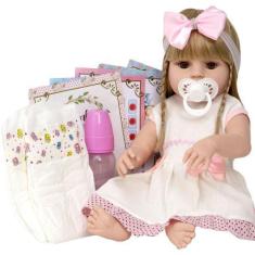 Imagem de Boneca Tipo Reborn Loira Completa Realista Acessórios - Cegonha Reborn