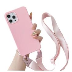 Imagem de Capa de silicone fosco com alça de colar crossbody para iPhone 15 14 Pro Max 11 12 13 Mini XR X XS 7 8 Plus SE Capa à prova de choque, rosa, para iPhone 12,12Pro