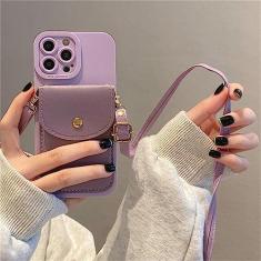 Imagem de Capa de telefone carteira de couro crossbody com cordão para iPhone 14 11 12 13 Pro Max X XS XR 7 8 Plus SE Capa para cartão, roxa, para iPhone 11 Pro