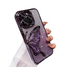 Imagem de Zkacase Projetada para iPhone, capa protetora de luxo galvanizada líquida flutuante gradiente com glitter areia movediça borboleta transparente à prova de choque capa protetora (roxa, iPhone 15 Pro